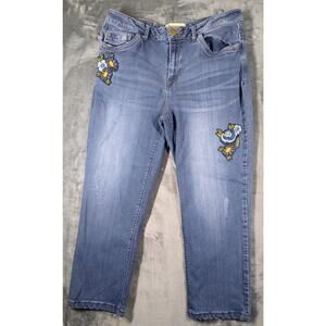 Democracy Jeans Womens 14 Blue Flower Floral Accent Med Wash Slim Straight Flood